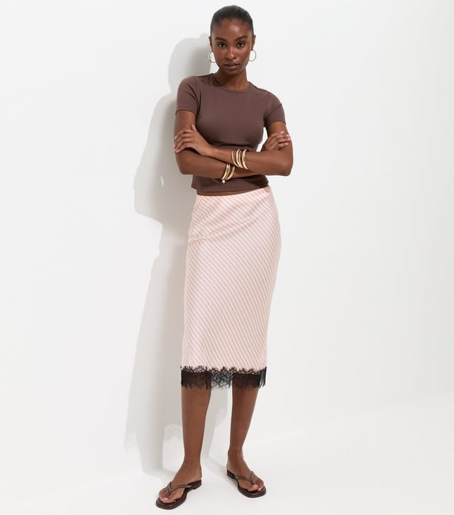 New Look Women's Pink Diagonal Stripe Lace Trim Satin Skirt New Look - 3