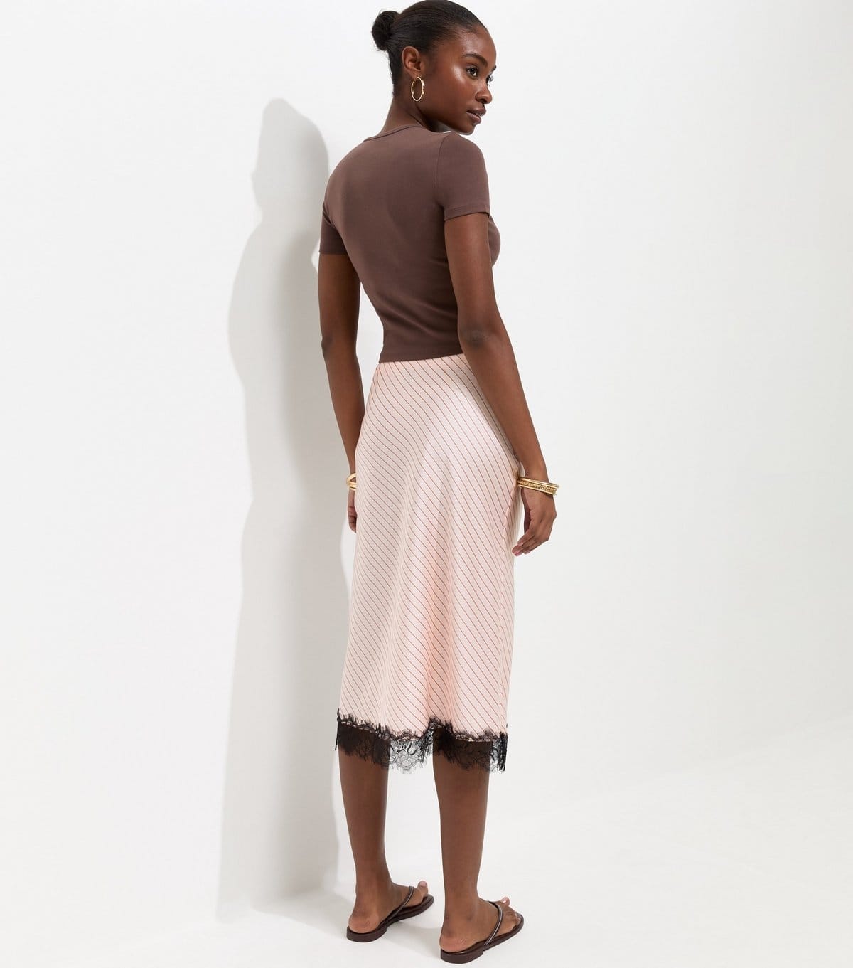 New Look Women's Pink Diagonal Stripe Lace Trim Satin Skirt New Look - 4