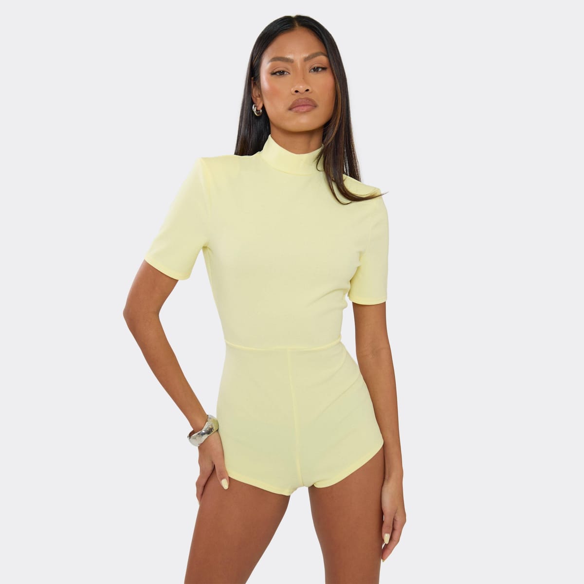 EGO High Neck Shoulder Pad Detail Micro Playsuit In Yellow, Women's Size UK 6 - 1