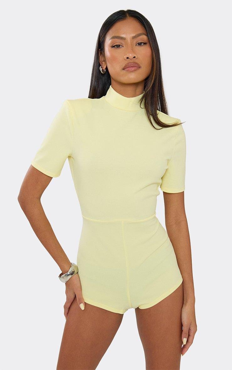 EGO High Neck Shoulder Pad Detail Micro Playsuit In Yellow, Women's Size UK 6 - 2