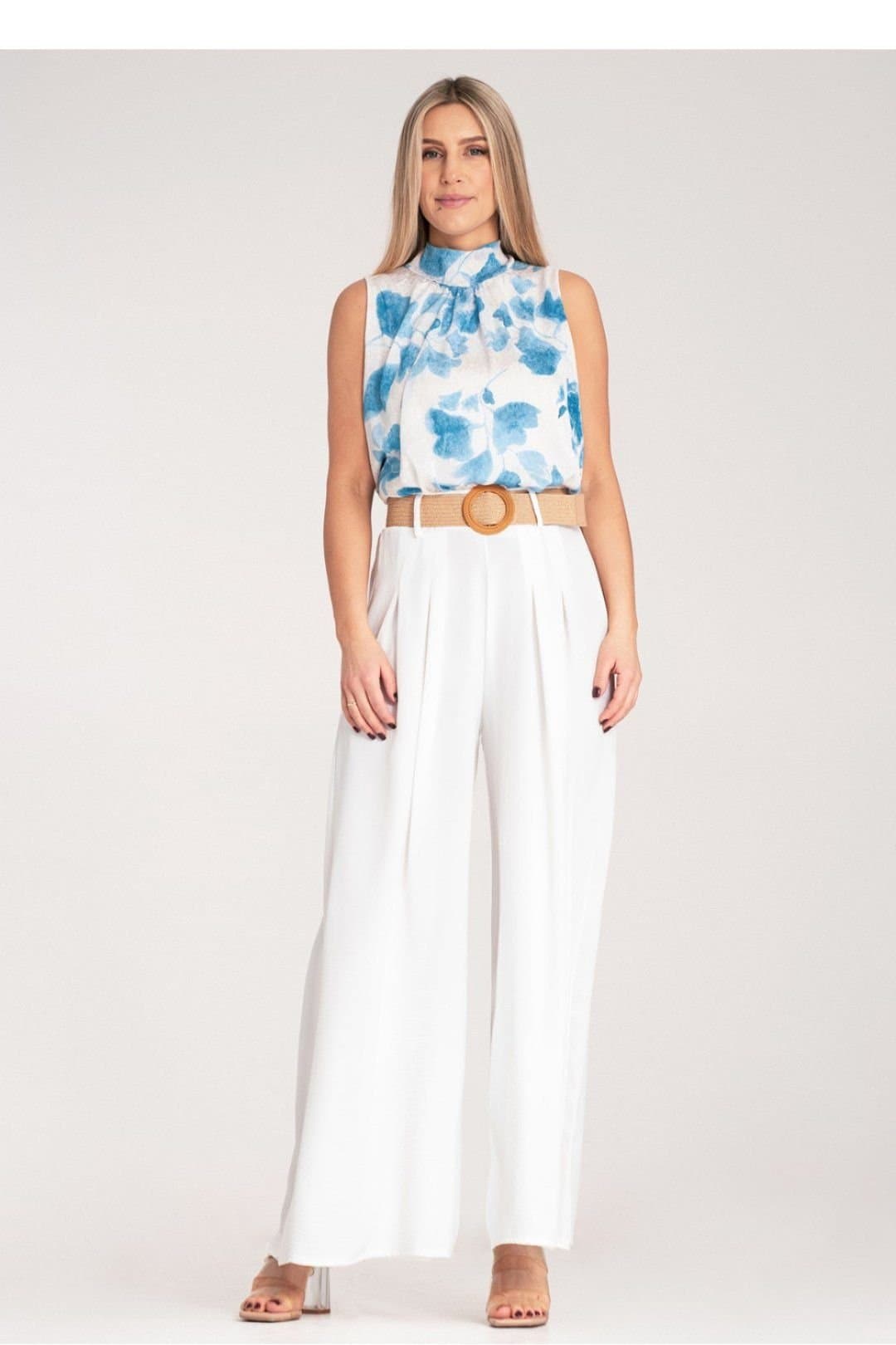 Love Lace Love Lace Women's High Waist Wide Trousers with Woven Belt Style 214838 in White