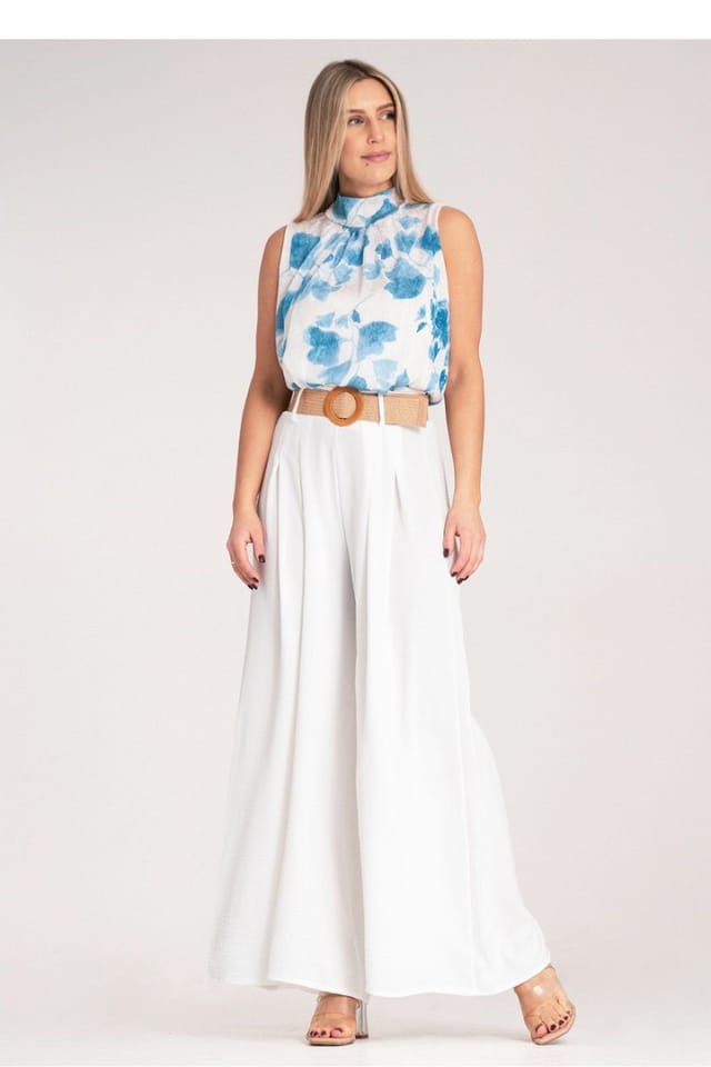 Love Lace Love Lace Women's High Waist Wide Trousers with Woven Belt Style 214838 in White - 2