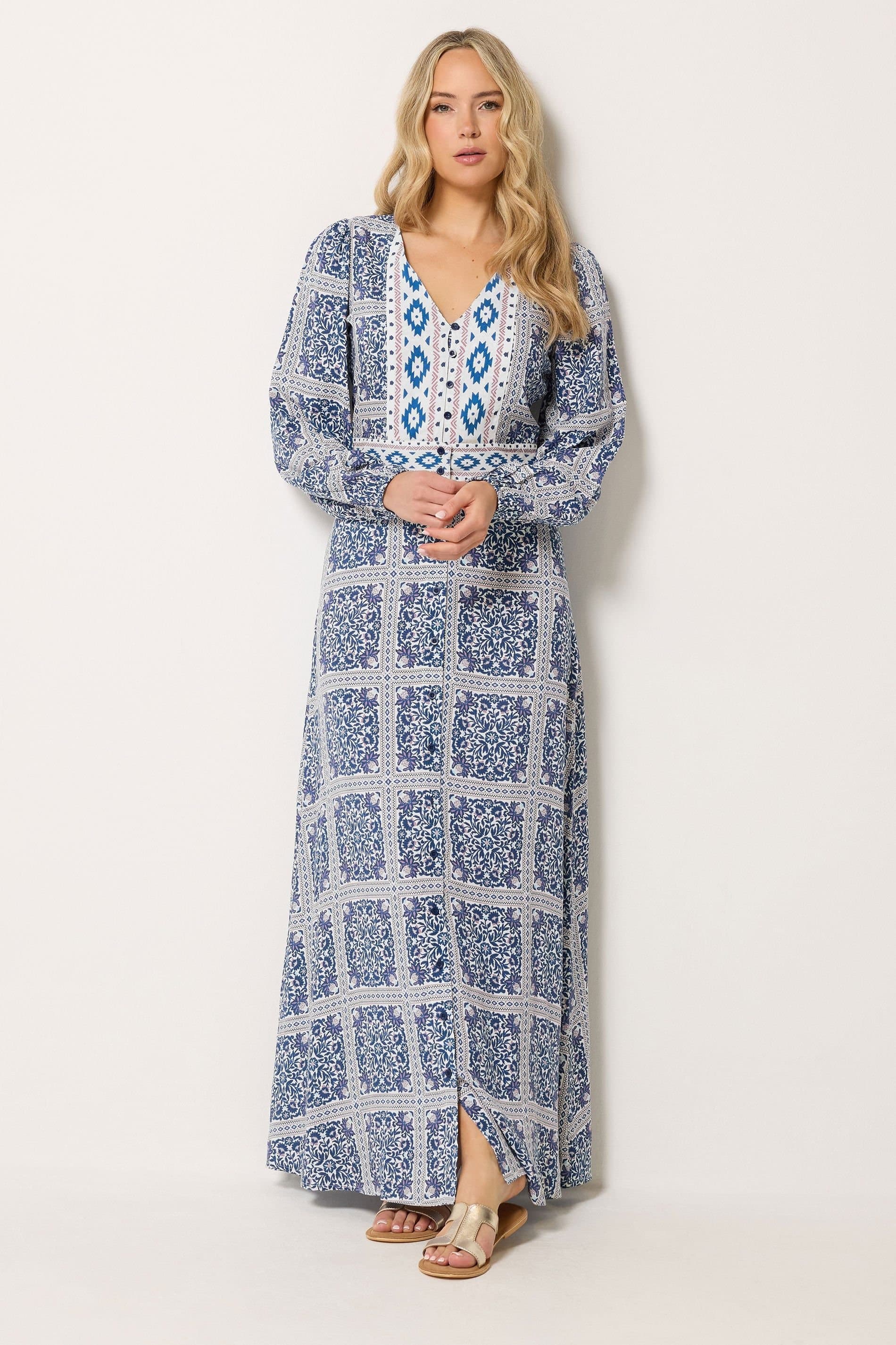 Long Tall Sally Long Tall Sally Women's Tall Tile Print Button Maxi Dress in Blue