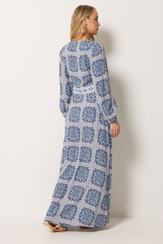 Long Tall Sally Long Tall Sally Women's Tall Tile Print Button Maxi Dress in Blue - 3