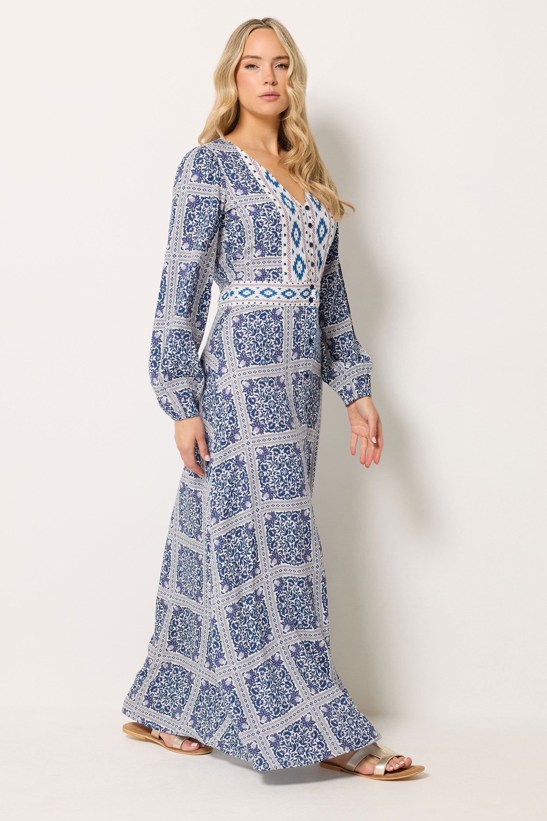 Long Tall Sally Long Tall Sally Women's Tall Tile Print Button Maxi Dress in Blue - 4