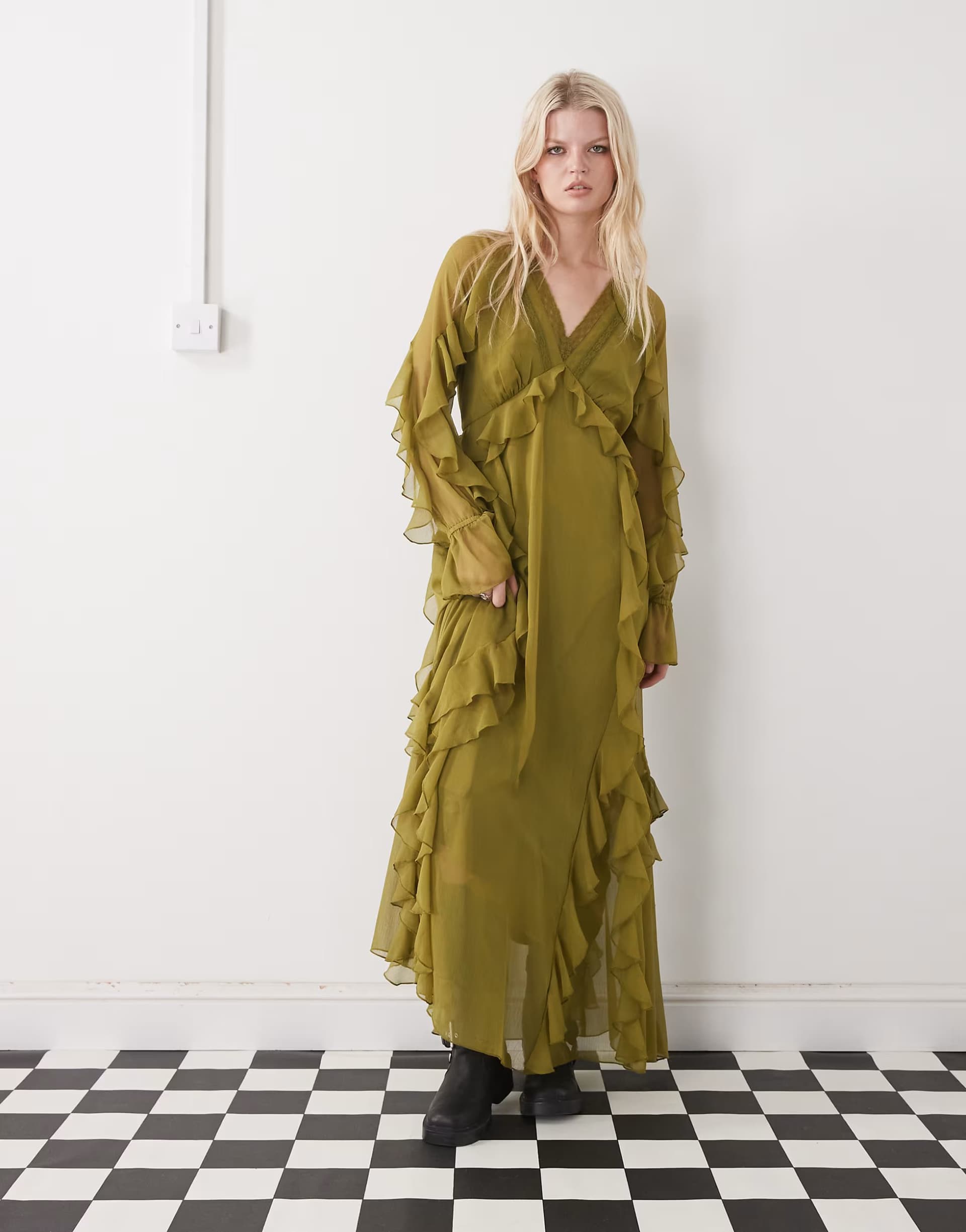 ASOS Reclaimed Vintage maxi ruffle tea dress in green chiffon