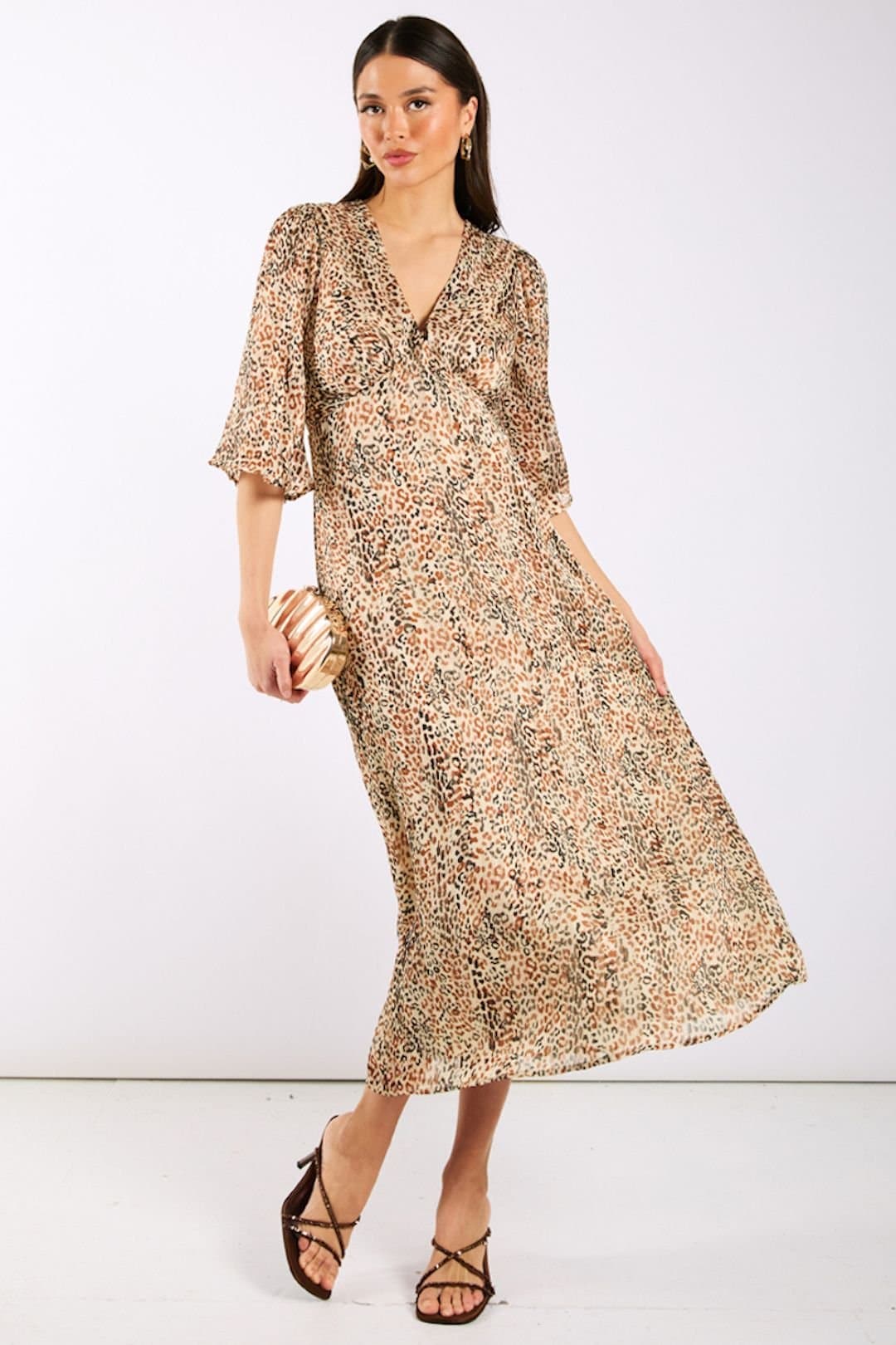 Needs No Label Needs No Label Women's Leopard Printed Shimmer Midi Dress in Brown