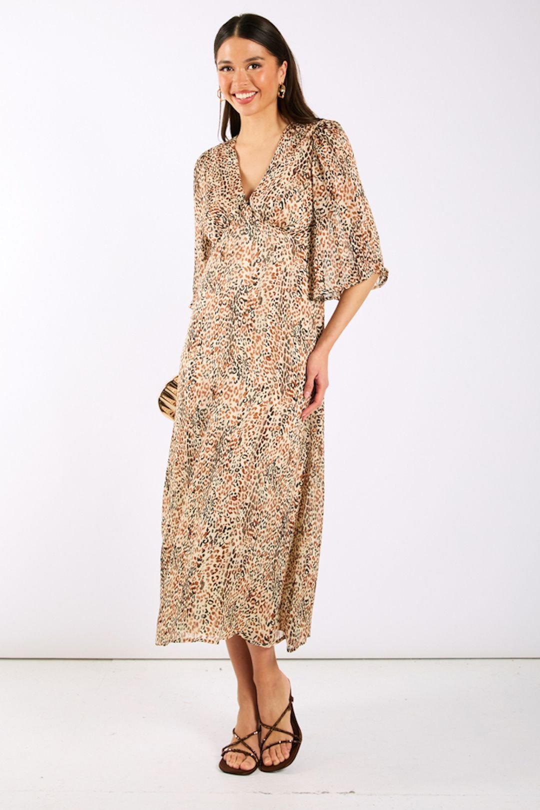 Needs No Label Needs No Label Women's Leopard Printed Shimmer Midi Dress in Brown - 2