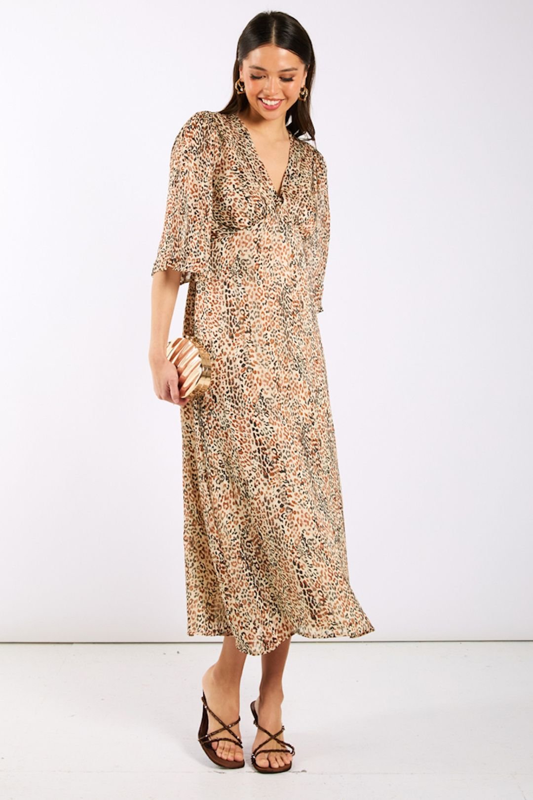 Needs No Label Needs No Label Women's Leopard Printed Shimmer Midi Dress in Brown - 3