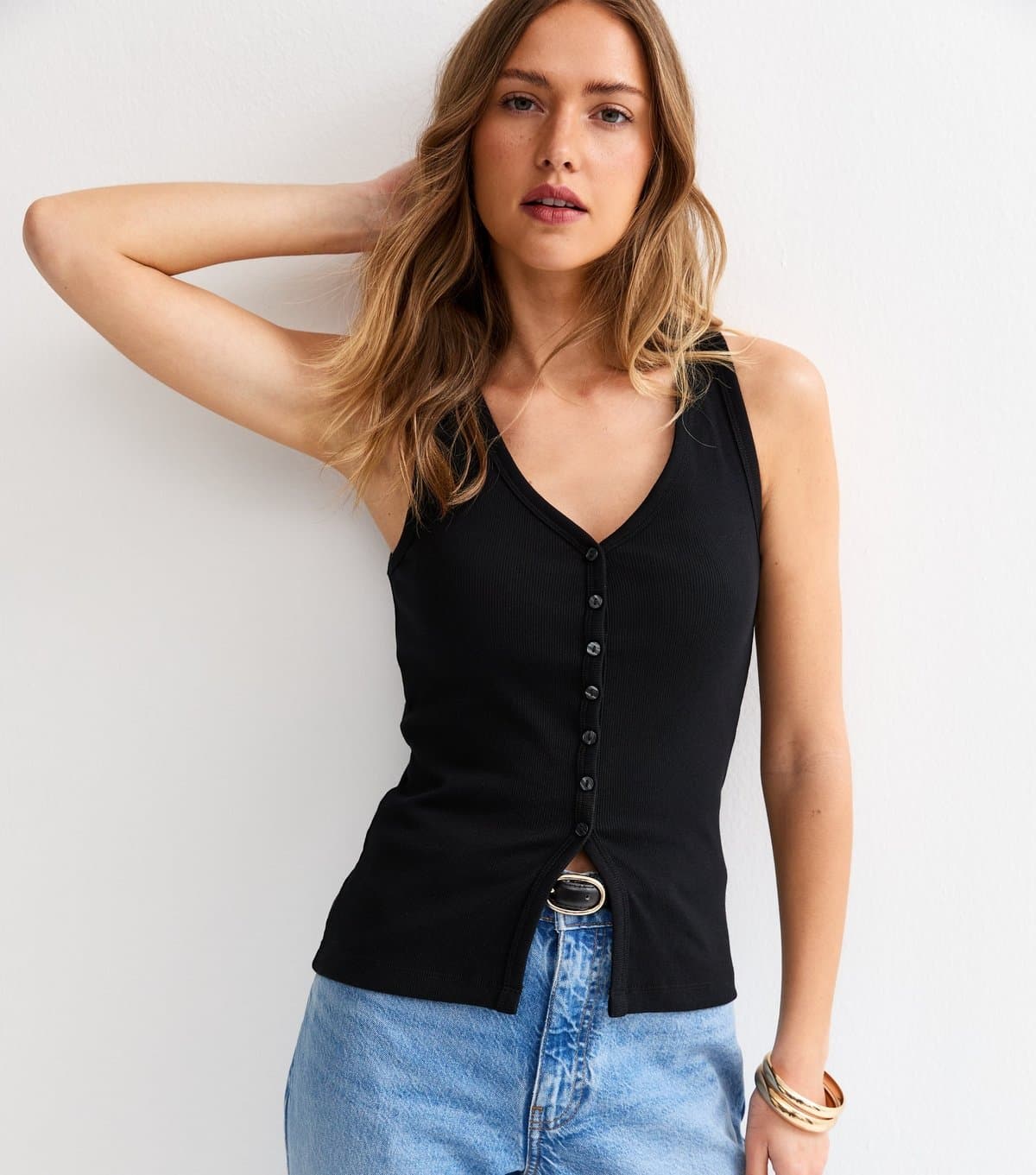 New Look Women's Black Ribbed Jersey V-Neck Button Through Vest Top New Look