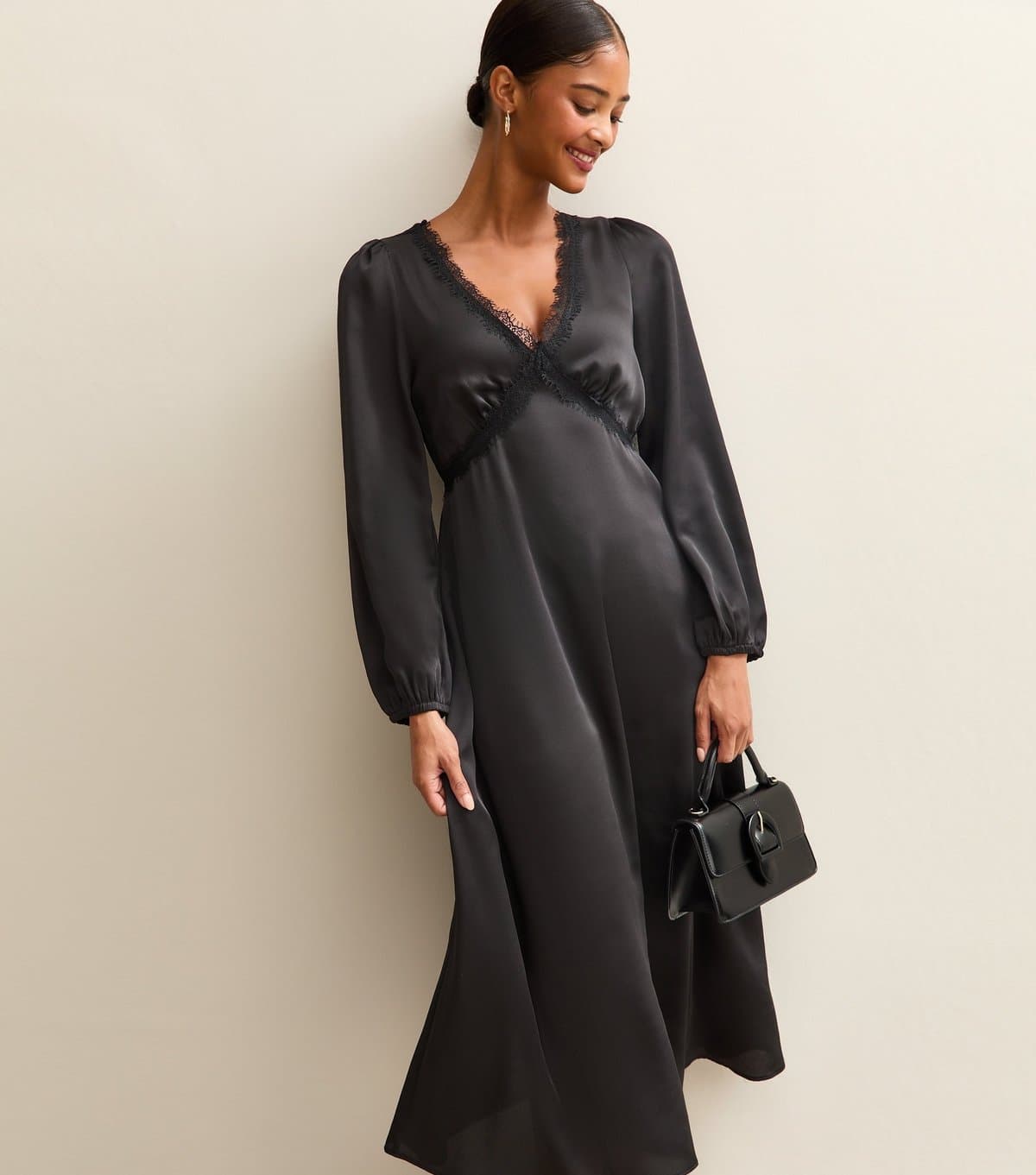 New Look Women's Black Satin Lace Trim Midi Dress New Look