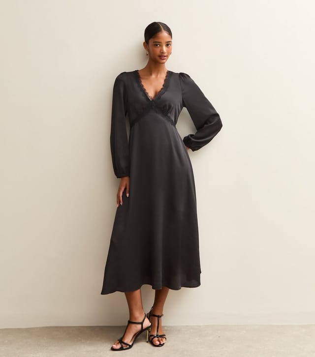 New Look Women's Black Satin Lace Trim Midi Dress New Look - 2