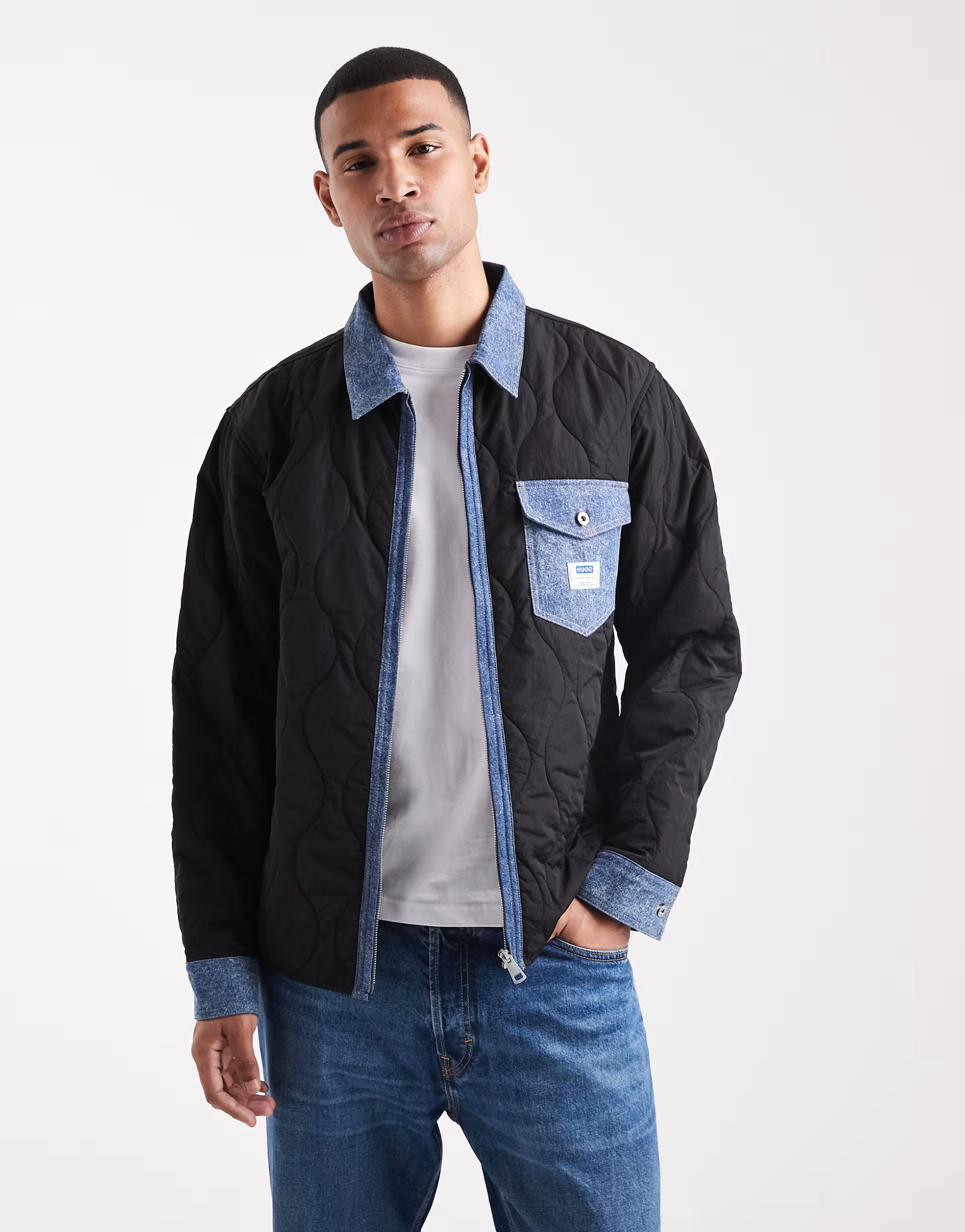 ASOS HUGO BLUE Ebey denim trim quilted relaxed fit shirt jacket in black - 1