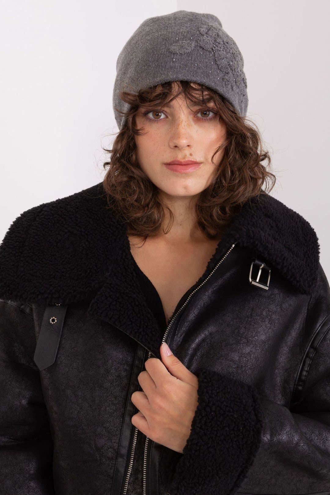 Love Lace Love Lace Grey Cashmere Beanie Hat with Rhinestone Trim
