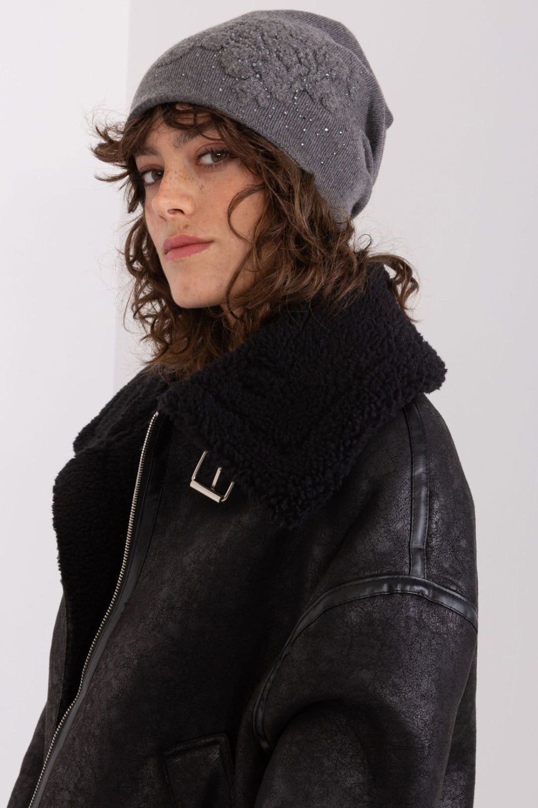 Love Lace Love Lace Women's Warm Winter Cashmere Beanie Hat with Rhinestone Trim in Grey - 4