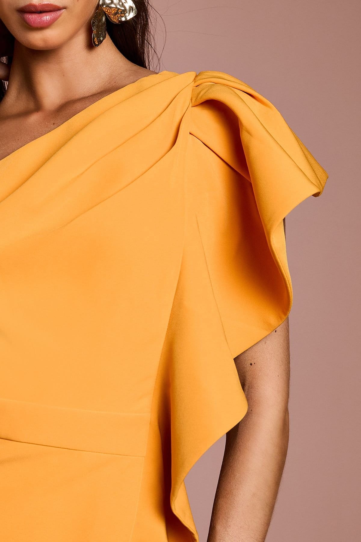 Coast Coast Women's One Shoulder Ruffle Crepe Pencil Midi Dress in Orange - 4