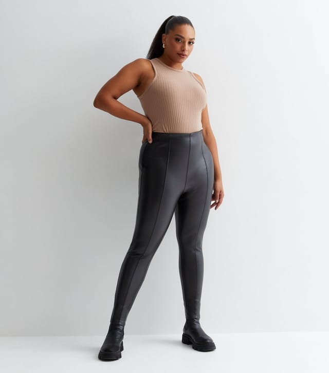 New Look Women's Plus Size Black Leather-Look High Waist Leggings Curves New Look - 3