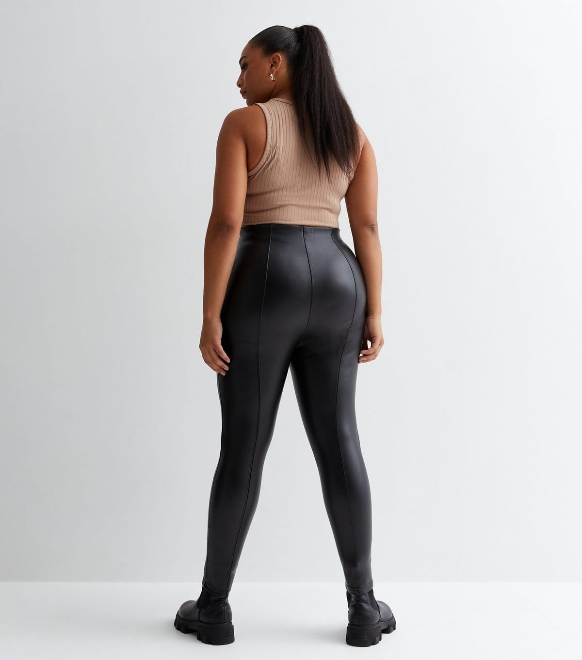 New Look Women's Plus Size Black Leather-Look High Waist Leggings Curves New Look - 4