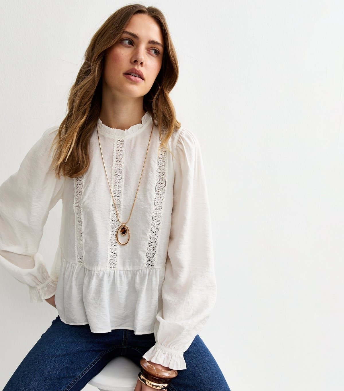 New Look Women's White Lace Insert Frill Neck Blouse New Look