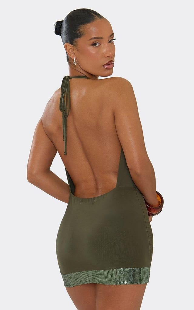 EGO Plunge Halterneck Sequin Panel Mini Dress In Khaki Green, Women's Size UK 6 - 2