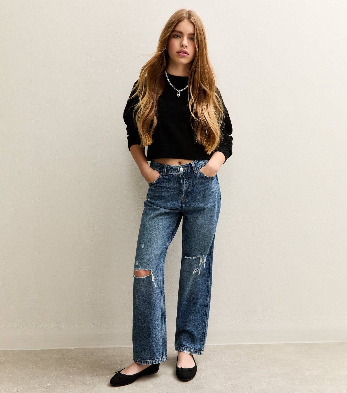 New Look Girls' Mid Blue Ripped Knee Wide Leg Jeans New Look - 4