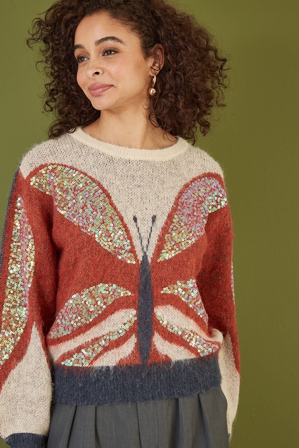 Yumi Yumi Women's Cream Butterfly Sequin Knitted Jumper in Brown - 2
