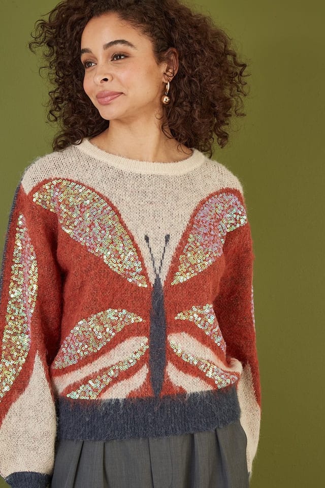Yumi Yumi Women's Cream Butterfly Sequin Knitted Jumper in Brown - 2