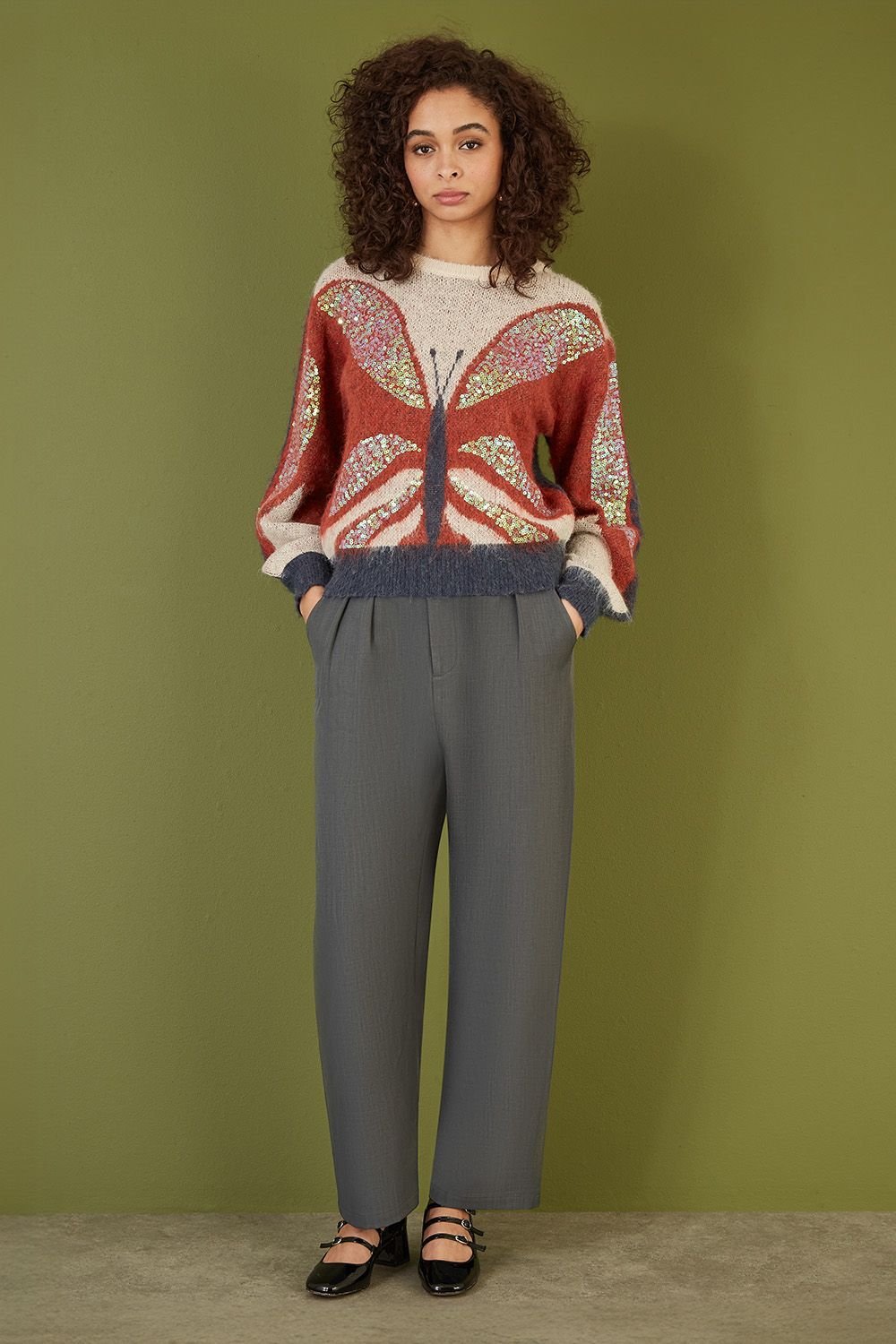 Yumi Yumi Women's Cream Butterfly Sequin Knitted Jumper in Brown - 3