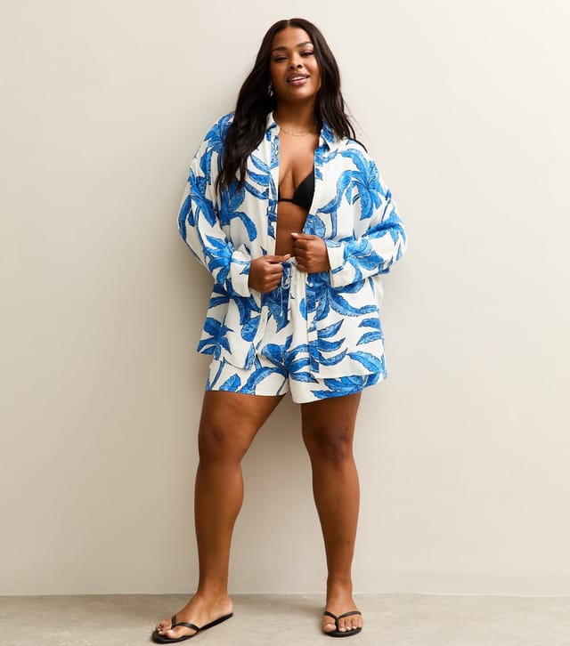 New Look Women's Plus Size Blue Palm Leaf Print Beach Shirt Curves New Look - 3