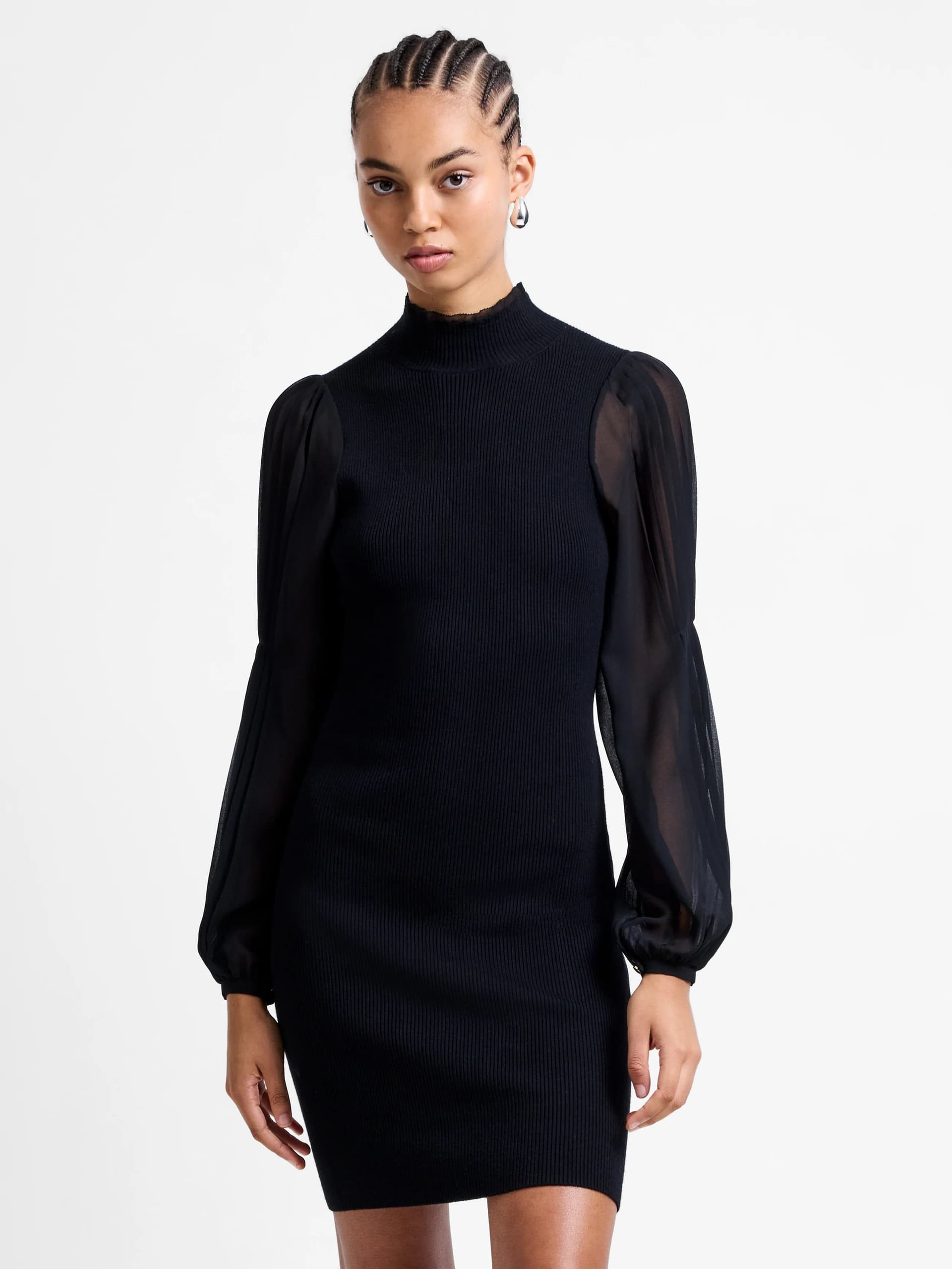 French Connection Krista Mix Long Sleeve Knitted Mini Dress Blackout