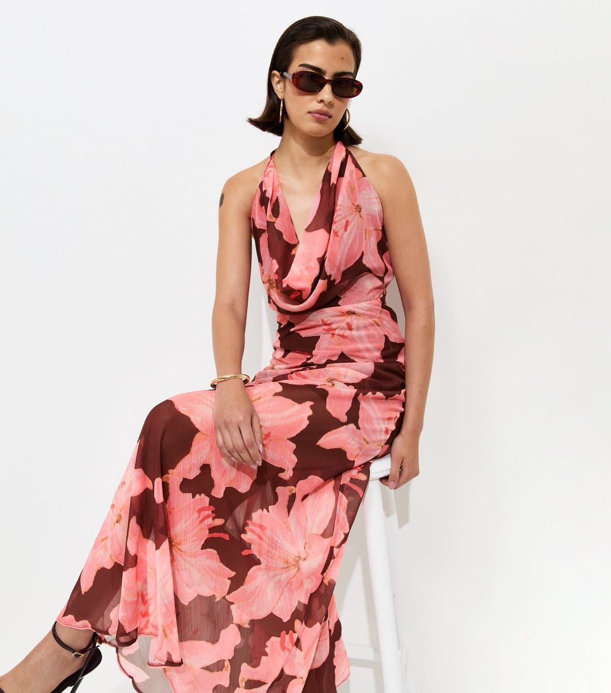 New Look Women's Pink Chiffon Floral Cowl Halter Neck Maxi Dress New Look