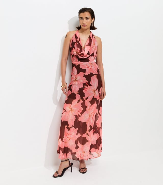 New Look Women's Pink Chiffon Floral Cowl Halter Neck Maxi Dress New Look - 2