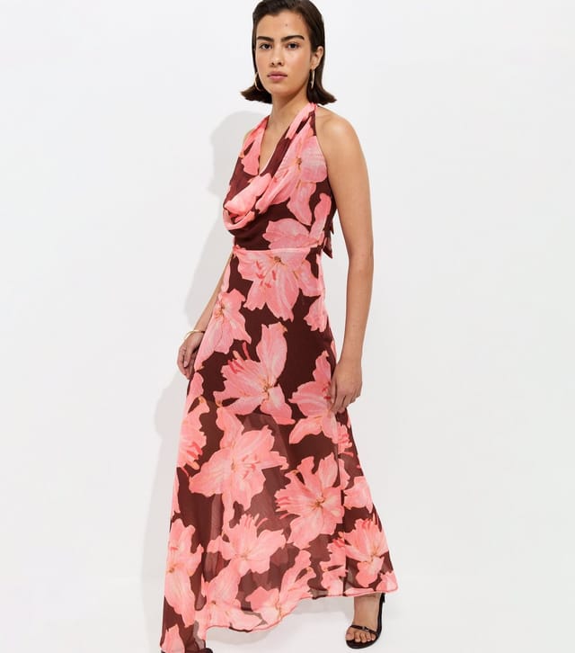 New Look Women's Pink Chiffon Floral Cowl Halter Neck Maxi Dress New Look - 3