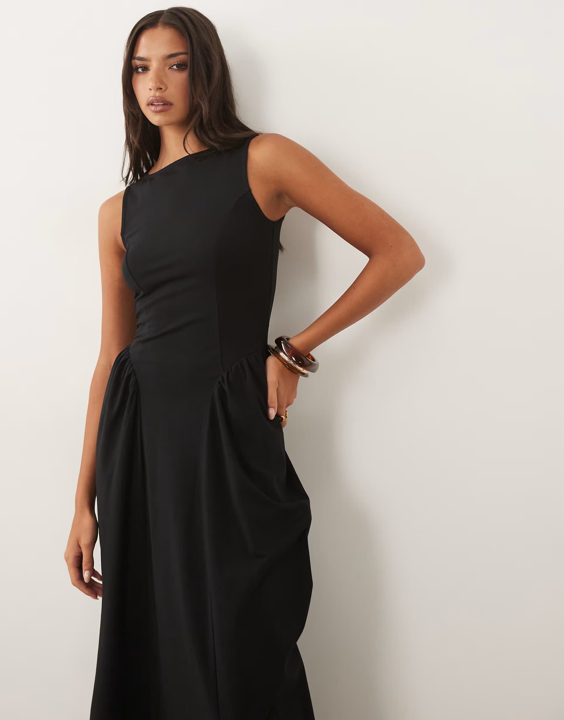 ASOS ASOS DESIGN boat neck waist detail midi dress in black