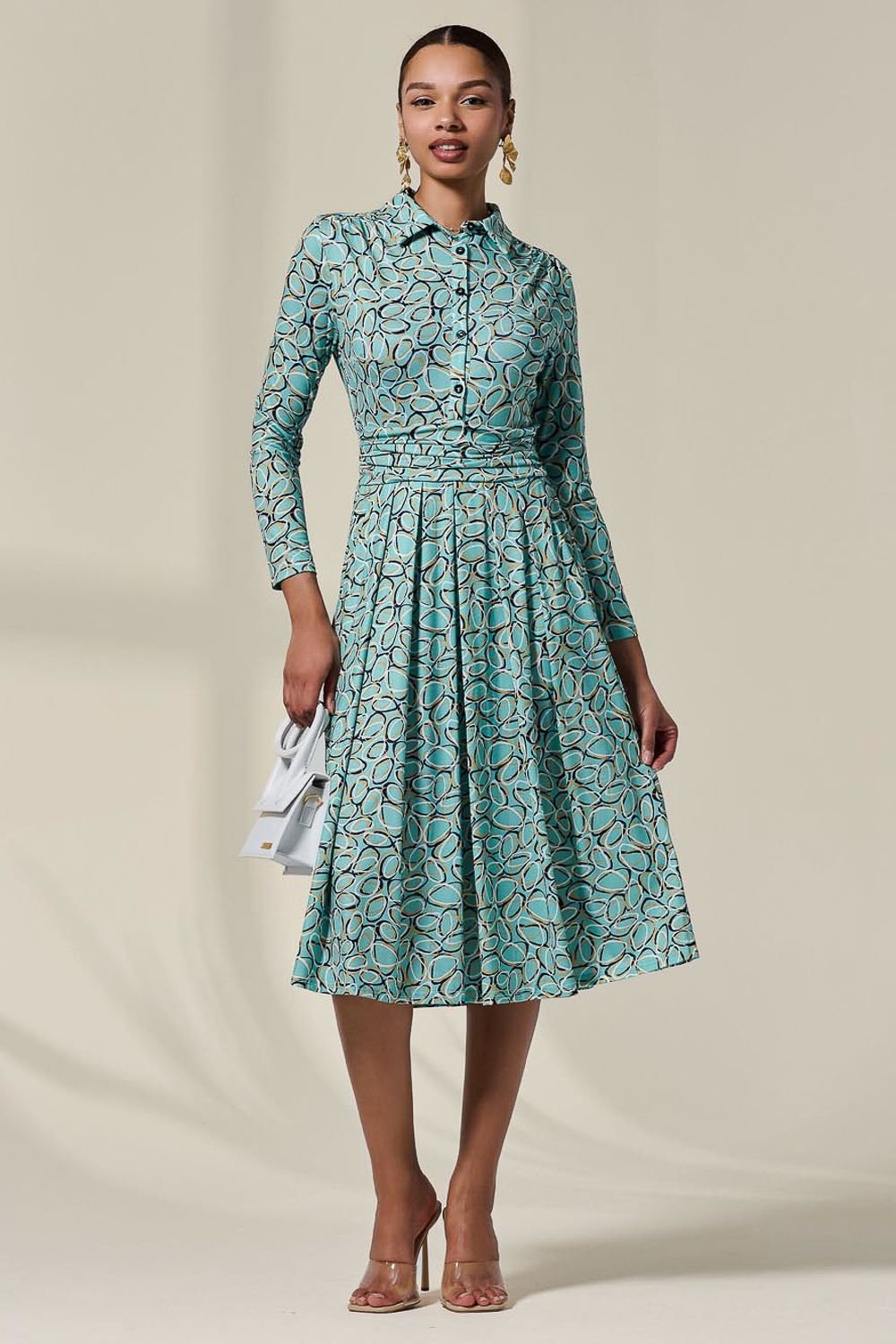 Jolie Moi Jolie Moi Women's Long Sleeve Button Up Midi Dress in Teal - 2