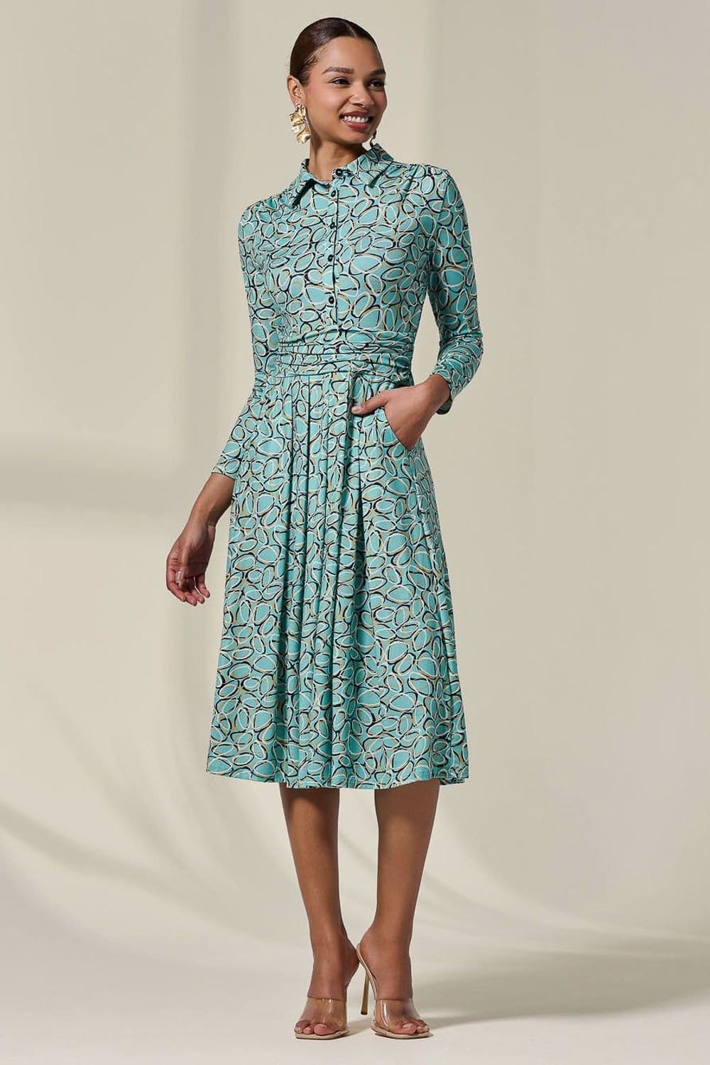 Jolie Moi Jolie Moi Women's Long Sleeve Button Up Midi Dress in Teal - 4