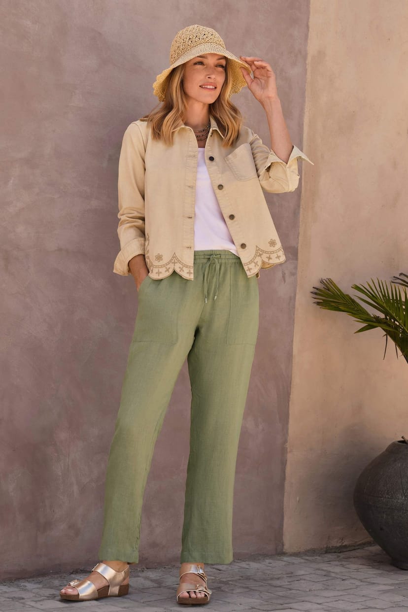 WoolOvers WoolOvers Women's Tapered Leg Linen Trousers in Pale Green - 1
