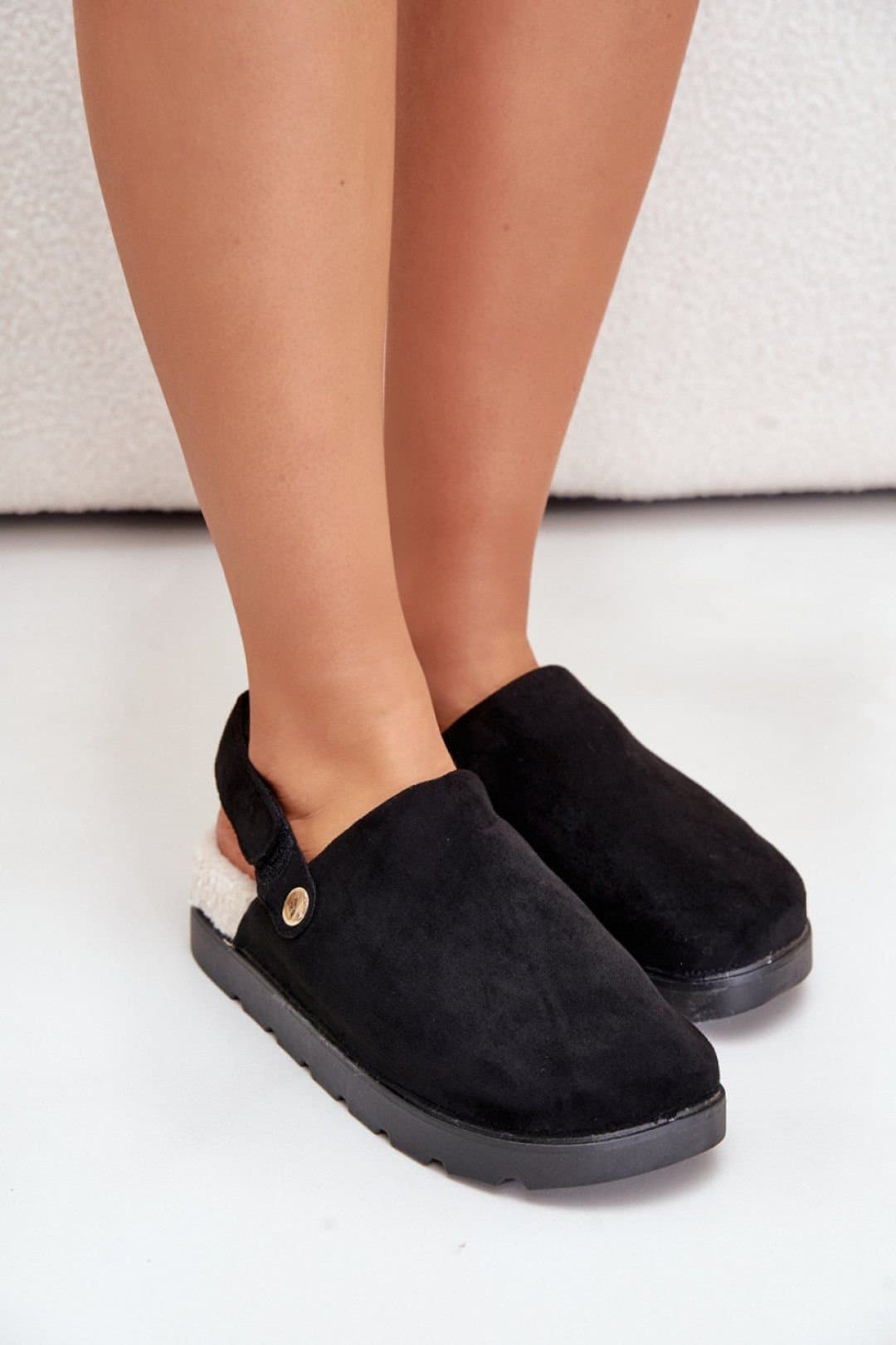 Love Lace Love Lace Women's Platform Suede Sheepskin Lined Velcro Slippers for Cold Days in Black