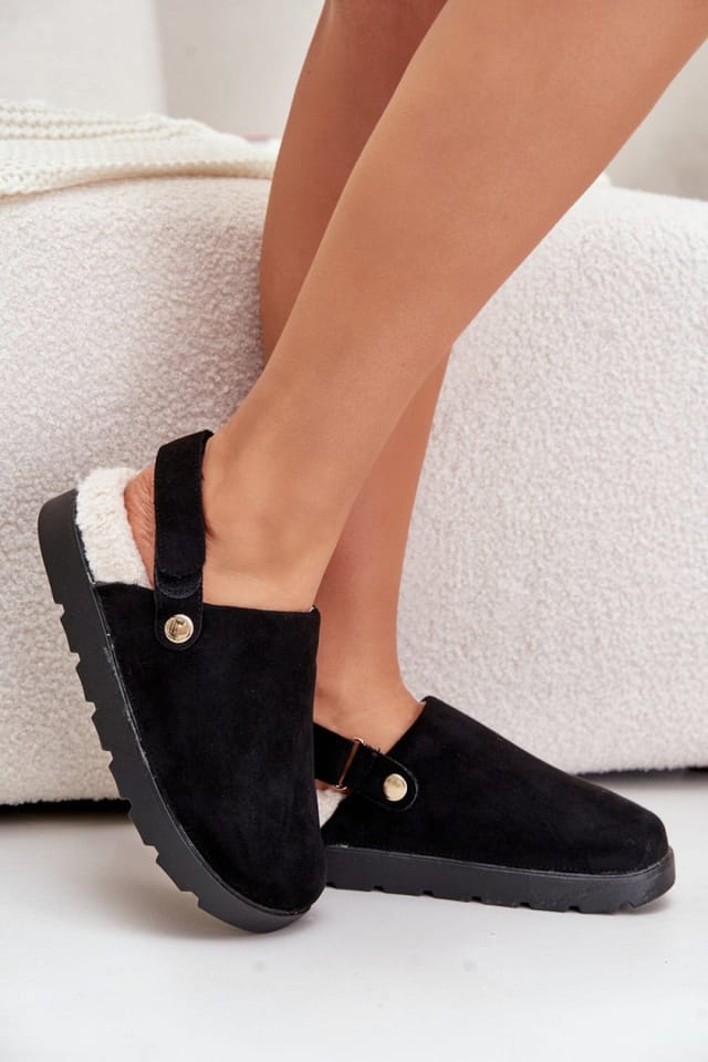 Love Lace Love Lace Women's Platform Suede Sheepskin Lined Velcro Slippers for Cold Days in Black - 3