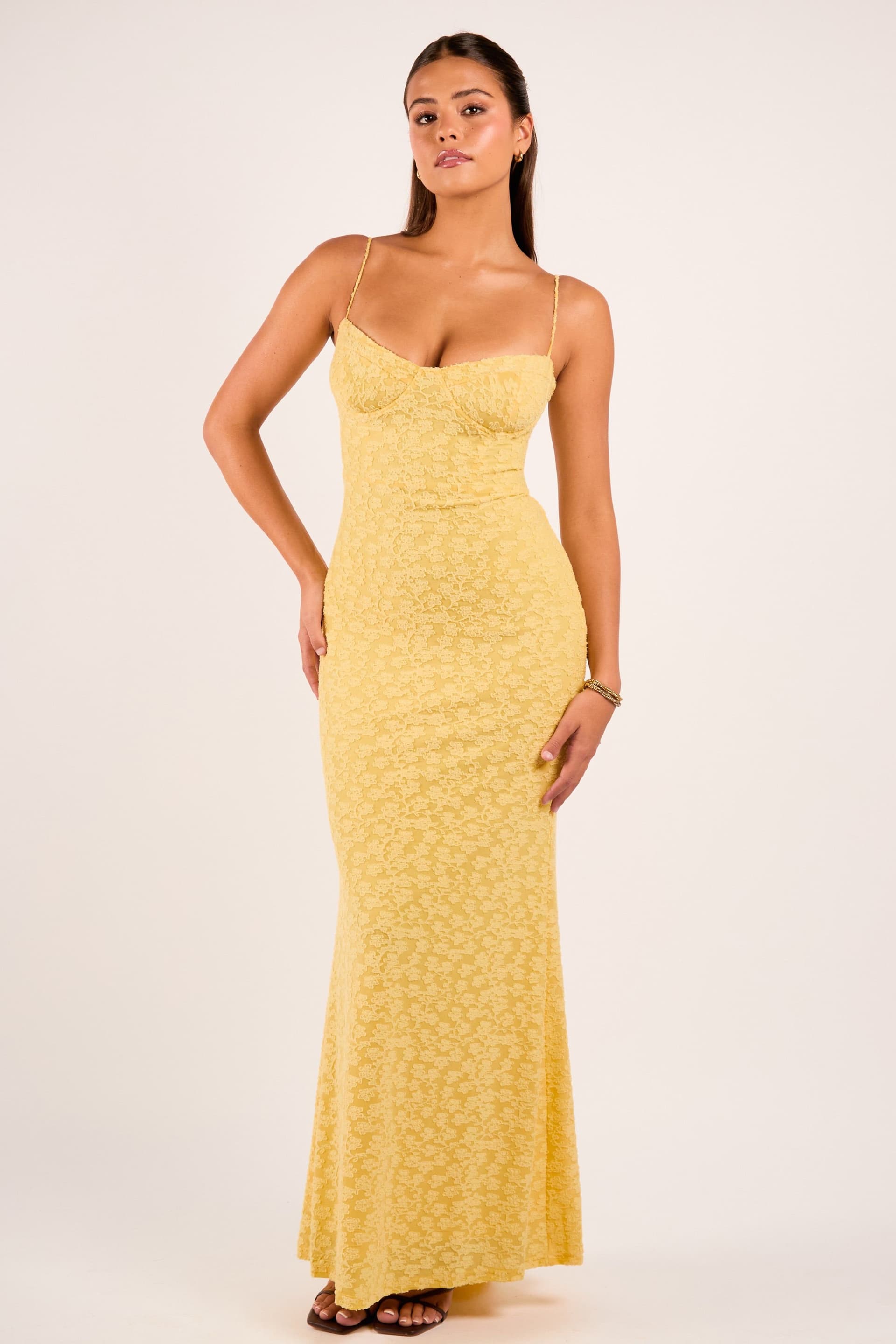 Jaded Rose Jaded Rose Women's Taria Yellow Floral Flocked Corset Bustier Maxi Dress