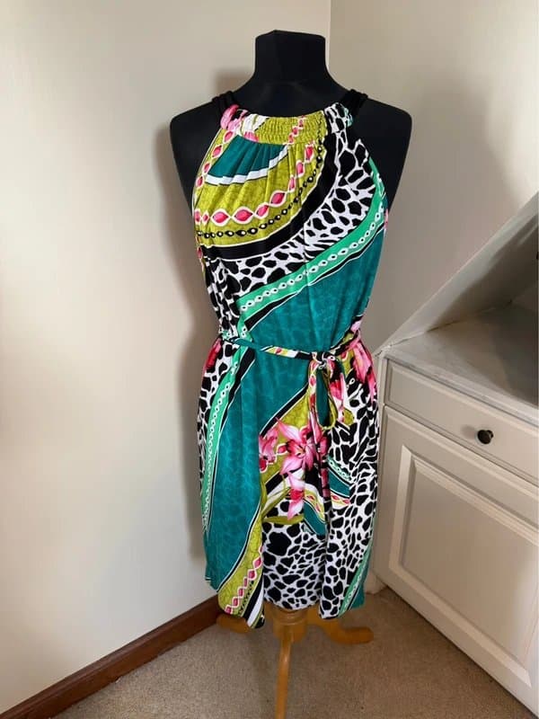 Wallis Wallis Vintage Summer Multi Colour Tropical Animal Print Halter Midi Dress Size Large 12-14