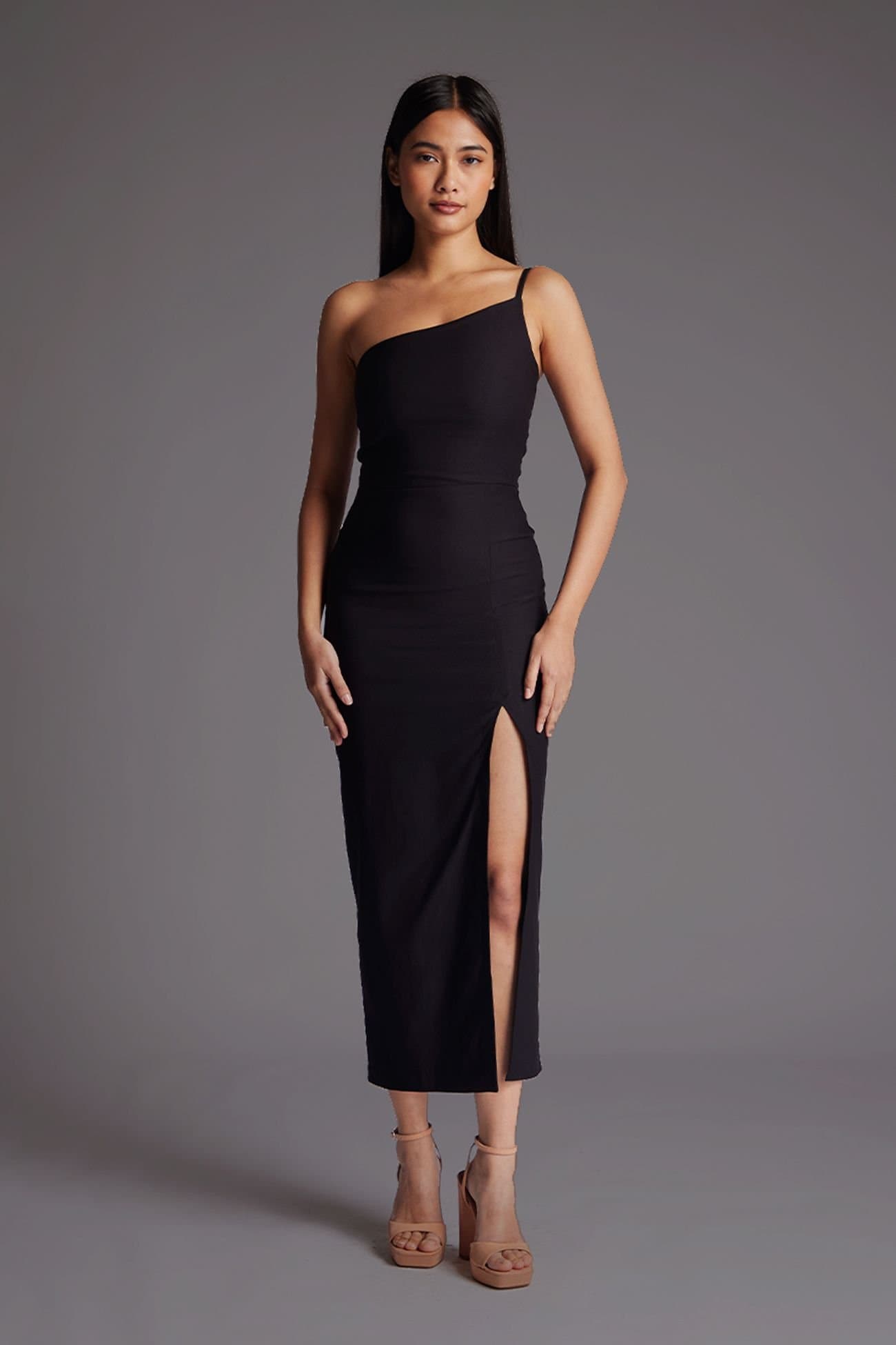 Vesper Vesper Women's One Shoulder Midaxi Dress with Back Strap Detail in Black