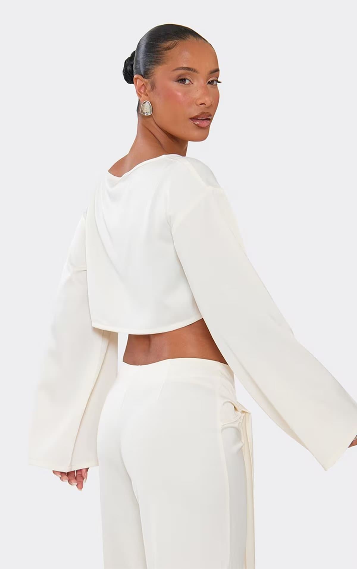 EGO Flared Long Sleeve Top In Cream Satin, Women's Size UK 10