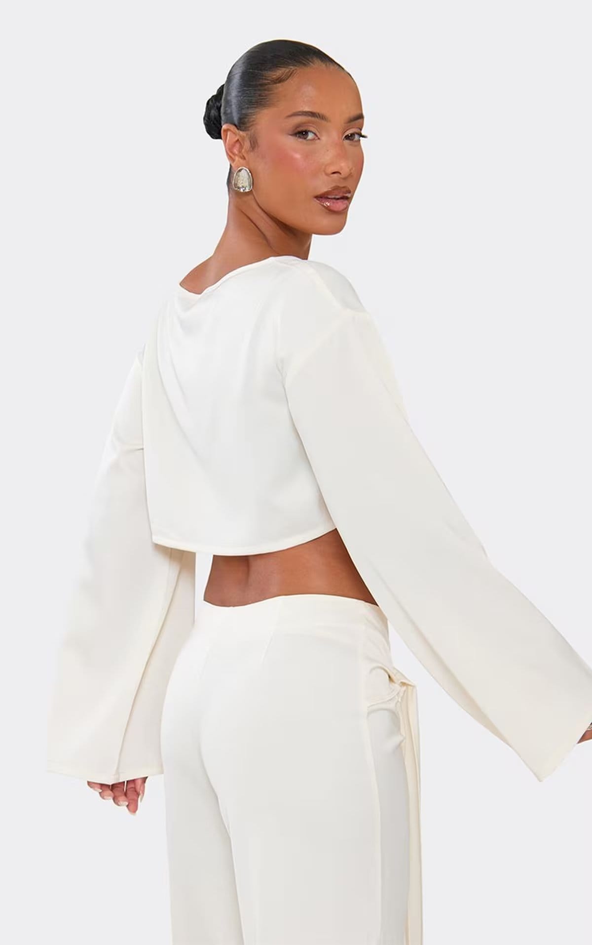 EGO Flared Long Sleeve Top In Cream Satin, Women's Size UK 10 - 1