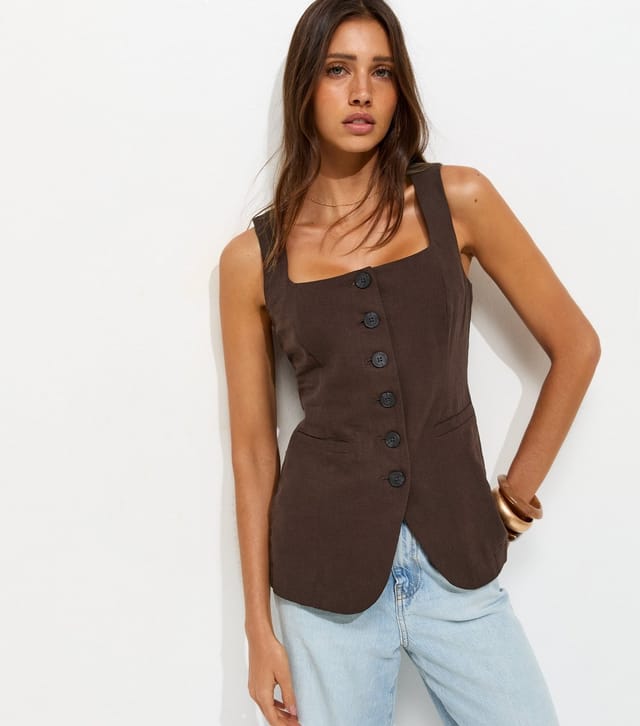 New Look Women's Dark Brown Linen Rich Thick Strap Waistcoat New Look - 2