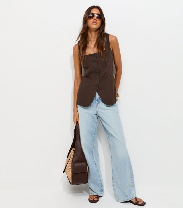 New Look Women's Dark Brown Linen Rich Thick Strap Waistcoat New Look - 3