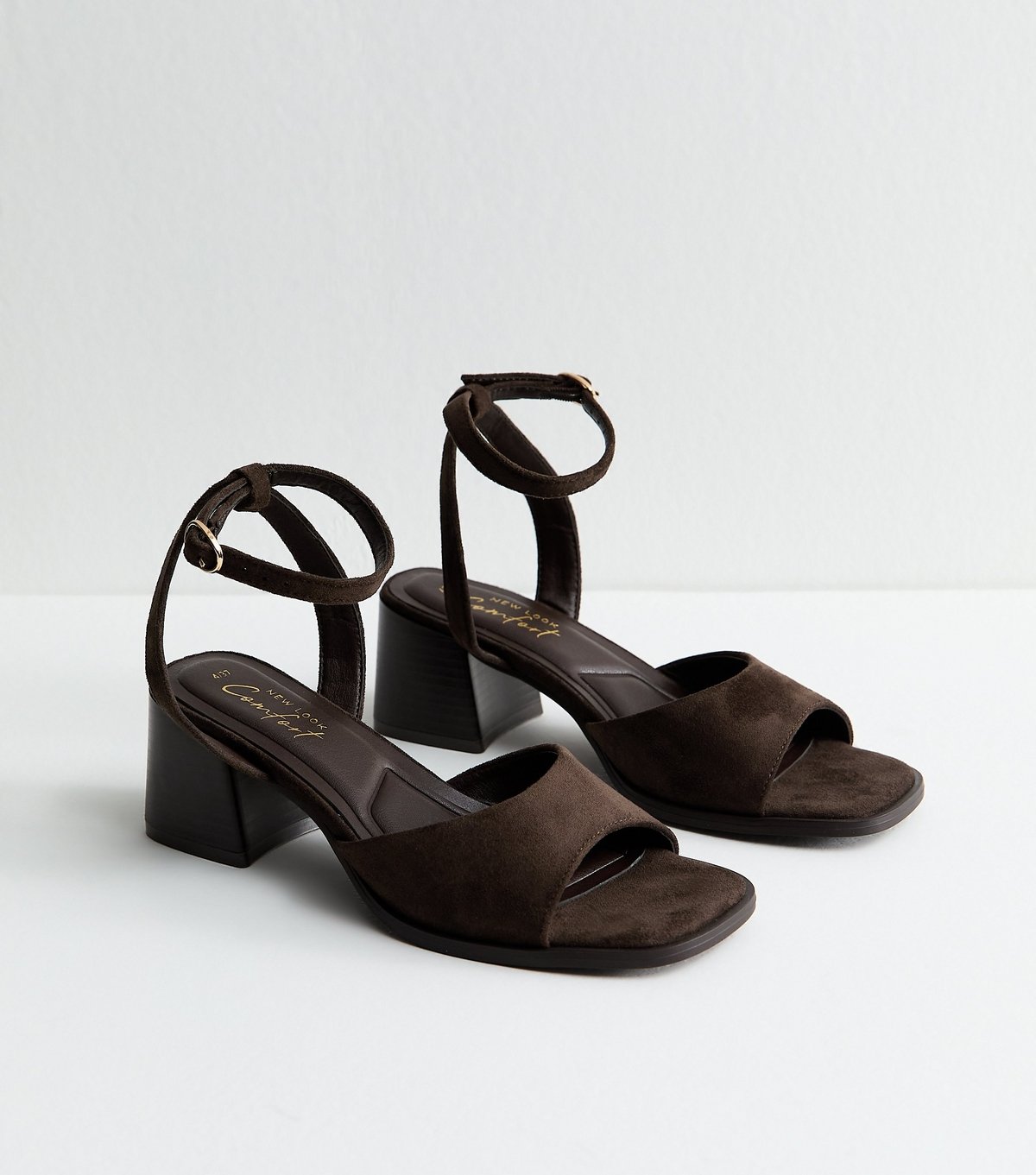 New Look Women's Brown Faux Suede Curved Front Block Heel Sandals Vegan New Look - 3