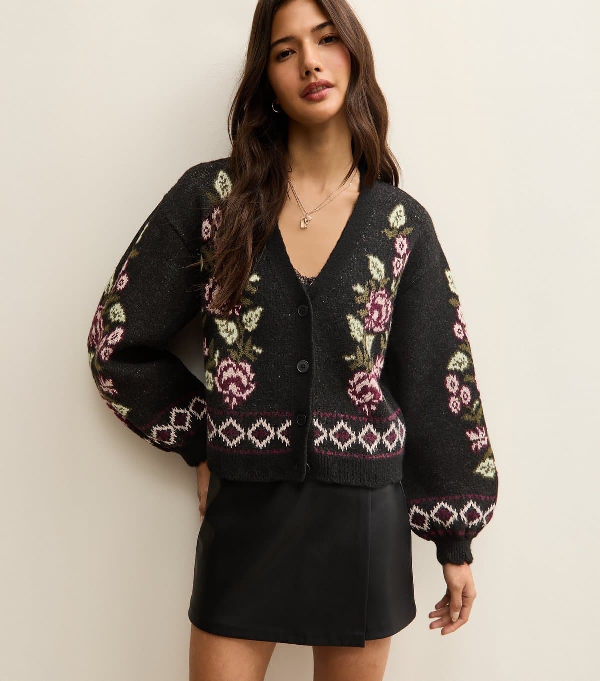New Look Women's Black Floral Jacquard V-Neck Cardigan New Look