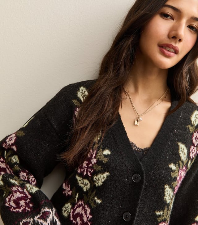 New Look Women's Black Floral Jacquard V-Neck Cardigan New Look - 2