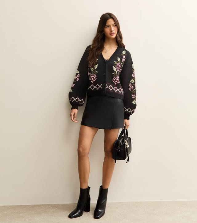 New Look Women's Black Floral Jacquard V-Neck Cardigan New Look - 3